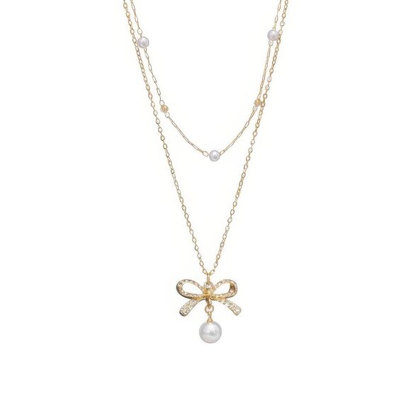 Dual-strand Jewled Bow Pendant Necklace - Picture 1 of 2